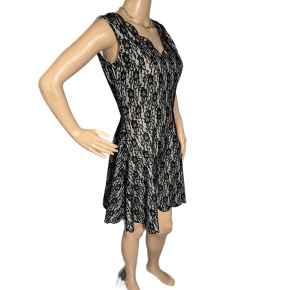 ALTAR’D STATE Fit Flare Mini Beige Black Lace Dress Sleeveless Scalloped Small - Picture 7 of 12